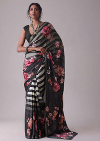 Pirate Black Floral Printed Saree With White Stripes In Satin