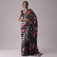 Pirate Black Floral Printed Saree With White Stripes In Satin