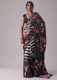 Pirate Black Floral Printed Saree With White Stripes In Satin