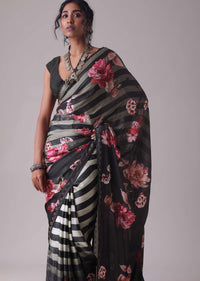 Pirate Black Floral Printed Saree With White Stripes In Satin