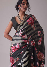 Pirate Black Floral Printed Saree With White Stripes In Satin