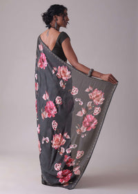 Pirate Black Floral Printed Saree With White Stripes In Satin