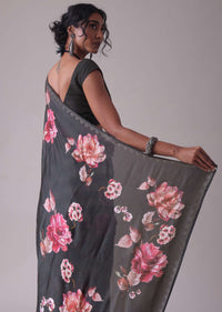 Pirate Black Floral Printed Saree With White Stripes In Satin