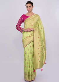 Pista green chanderi silk saree with weaved butti  only on Kalki