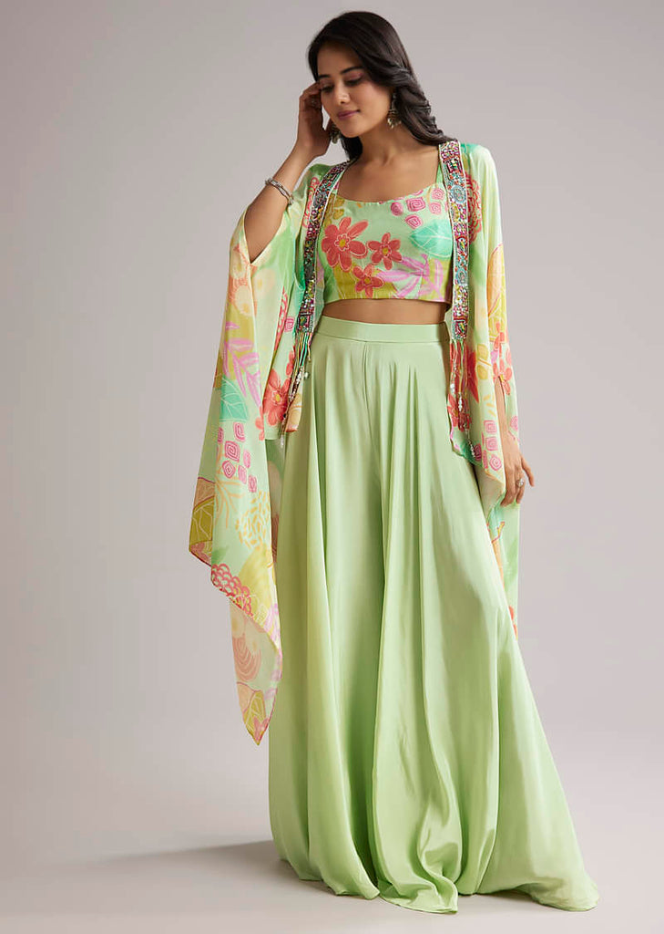 Pista Green Floral Cape Set With Crop Top And Palazzo
