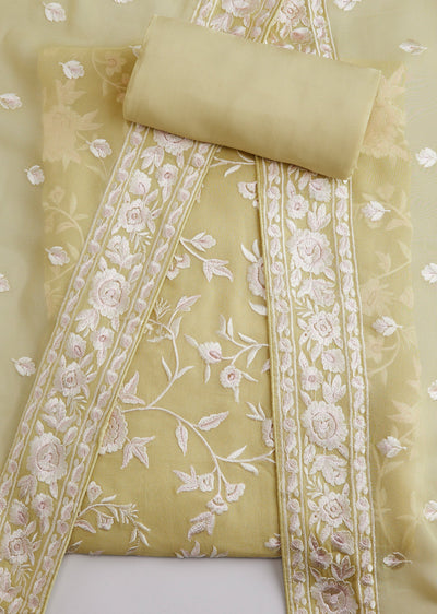 Pista Green Georgette Resham Thread Work Unstitched Suit Set With Dupatta