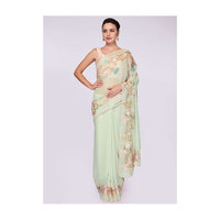 Pista Green Saree In Georgette With Floral Resham Embroidery On The Border Online - Kalki Fashion