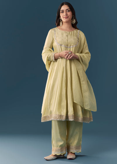 Pista Green Gotta Lace Tissue Anarkali Suit Set With Pant And Dupatta