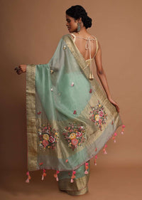 Pista green organza  saree with floral buttis Online - Kalki Fashion