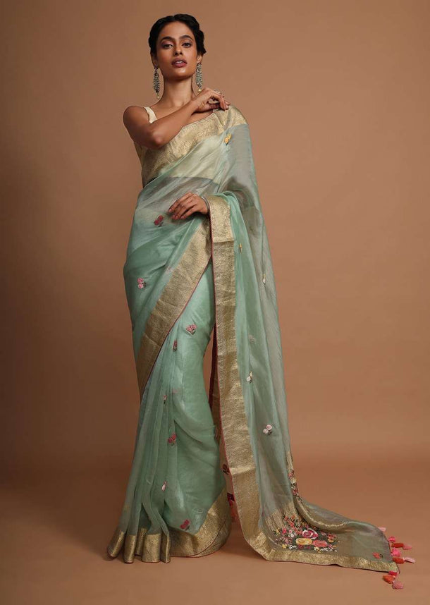 Pista green organza  saree with floral buttis Online - Kalki Fashion