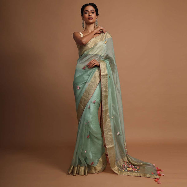 Pista green organza  saree with floral buttis Online - Kalki Fashion