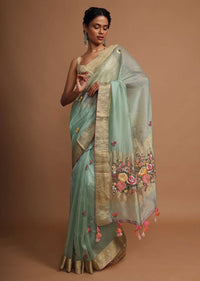 Pista green organza  saree with floral buttis Online - Kalki Fashion
