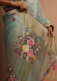 Pista green organza  saree with floral buttis Online - Kalki Fashion