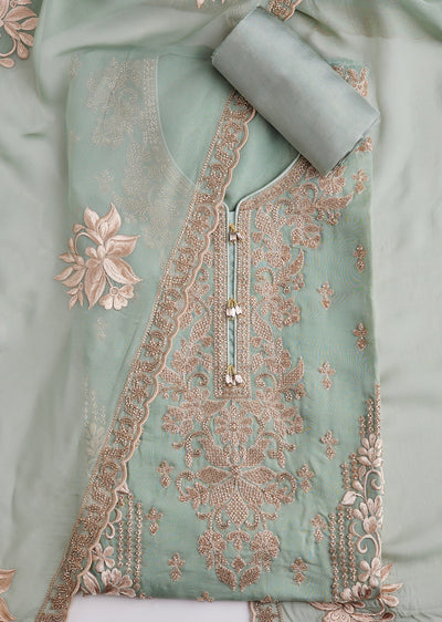 Pista Green Organza Embroidered Unstitched Suit Set With Dupatta