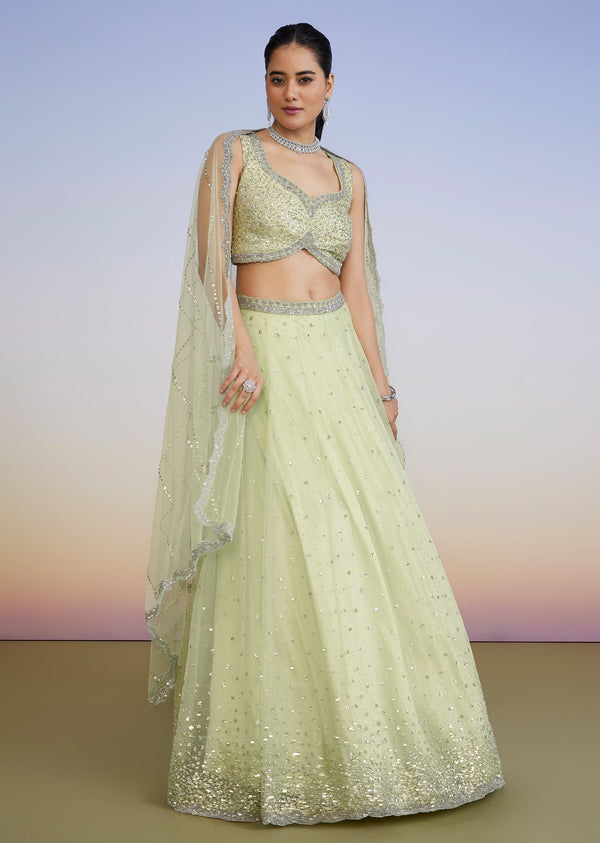 Pista Green Pastel Lehenga With Sequin Sweetheart Choli And Dupatta
