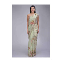 Pista Green Organza Saree With Floral Print And Embellished Border Online - Kalki Fashion