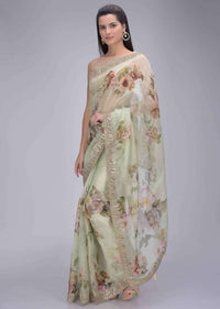 Pista Green Organza Saree With Floral Print And Embellished Border Online - Kalki Fashion