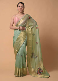 Pista Green Saree In Organza With Hand Embroidered Floral Buttis Using Thread And French Knots