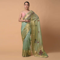 Pista Green Saree In Organza With Hand Embroidered Floral Buttis Using Thread And French Knots