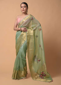 Pista Green Saree In Organza With Hand Embroidered Floral Buttis Using Thread And French Knots