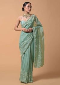 Pista Green Saree In Organza With Moti And Cut Dana Embellished Floral Design On The Border Online - Kalki Fashion