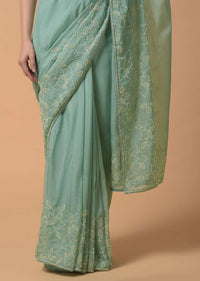 Pista Green Saree In Organza With Moti And Cut Dana Embellished Floral Design On The Border Online - Kalki Fashion