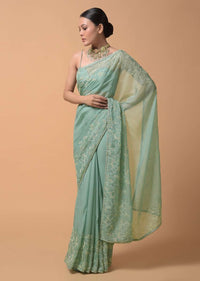 Pista Green Saree In Organza With Moti And Cut Dana Embellished Floral Design On The Border Online - Kalki Fashion