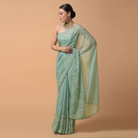 Pista Green Saree In Organza With Moti And Cut Dana Embellished Floral Design On The Border Online - Kalki Fashion