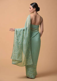 Pista Green Saree In Organza With Moti And Cut Dana Embellished Floral Design On The Border Online - Kalki Fashion