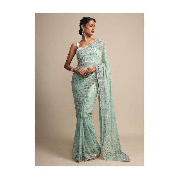 Pista Green Saree In Shimmer Georgette With Sequins, Salli, Zardosi And Zari Work Online - Kalki Fashion