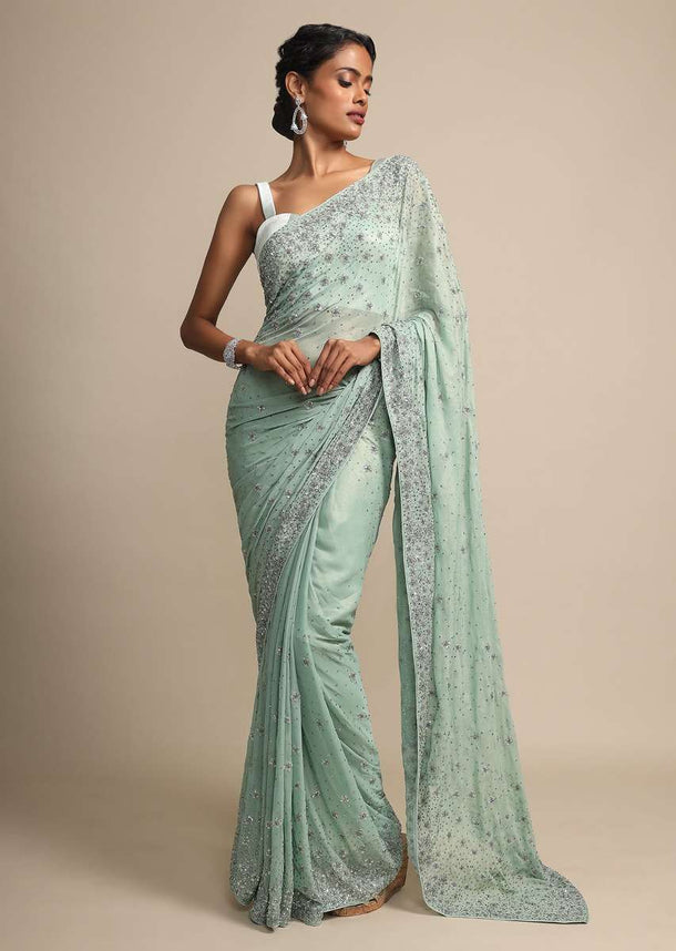 Pista Green Saree In Shimmer Georgette With Sequins, Salli, Zardosi And Zari Work Online - Kalki Fashion