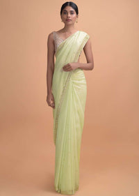 Pista Green Saree In Georgette With Embroidered Border And Buttis Online - Kalki Online