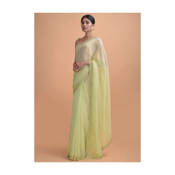 Pista Green Saree In Georgette With Embroidered Border And Buttis Online - Kalki Online