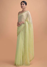 Pista Green Saree In Georgette With Embroidered Border And Buttis Online - Kalki Online