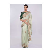 Pista green satin saree with emerald green silk blouse with cut dana embroidery only on kalki