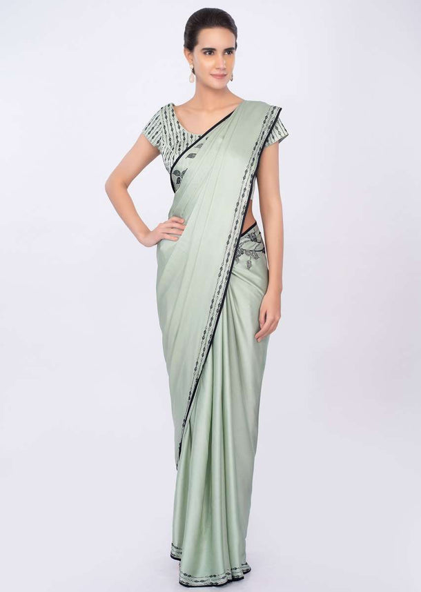 Pista Green Saree In Satin With Kundan Embroidery In Floral Motif Online - Kalki Fashion