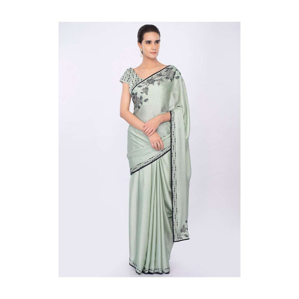 Pista Green Saree In Satin With Kundan Embroidery In Floral Motif Online - Kalki Fashion