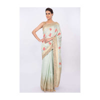 Pista green silk saree with multi color floral weaved work only on kalki