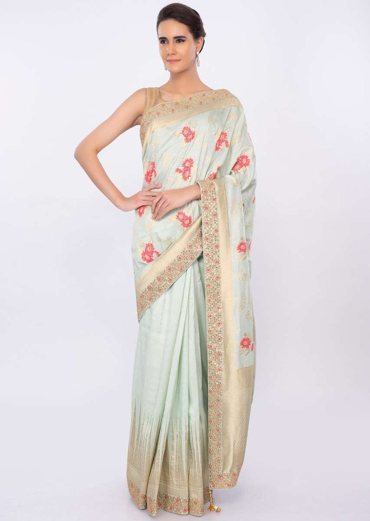 Pista green silk saree with multi color floral weaved work only on kalki