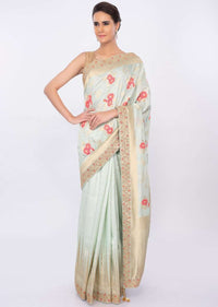 Pista green silk saree with multi color floral weaved work only on kalki