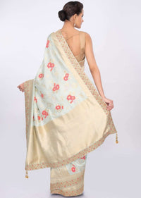 Pista green silk saree with multi color floral weaved work only on kalki