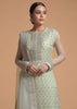 Pista Green Straight Cut Suit With Sequins Buttis All Over And Cord Embroidery On The Placket And Border