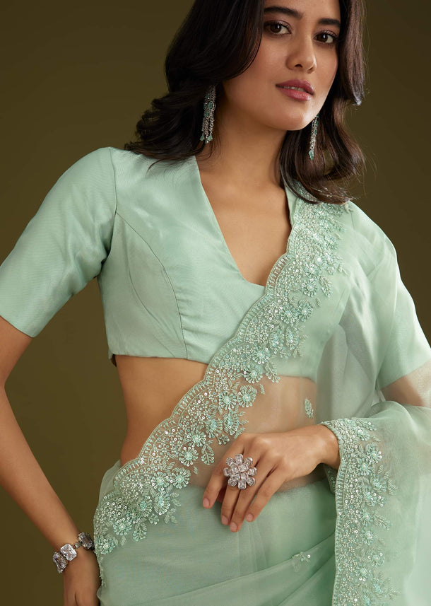 Pista Green Tissue Saree With Embroidered Scallop Border