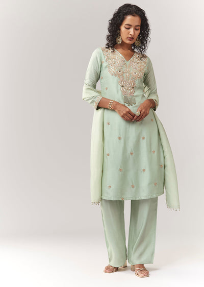 Pista Green Zardosi And Moti Work Kurta Palazzo Set With Dupatta