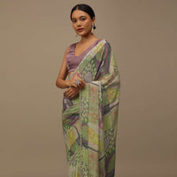 Pista Green Embroidered Muslin Saree With Floral Print And Scallop Borders