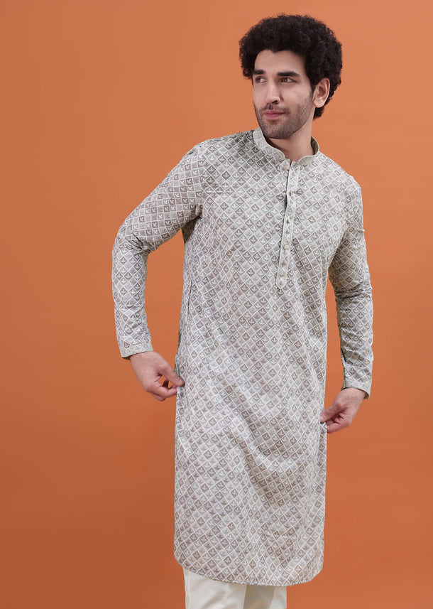 Pista And Purple Lucknowi Cotton Kurta Set For Men