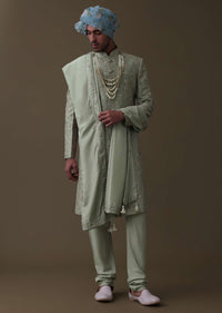 Pista Green Sherwani Set In Raw Silk With Cut Dana And Thread Embroidery