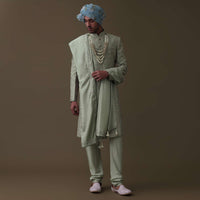 Pista Green Sherwani Set In Raw Silk With Cut Dana And Thread Embroidery