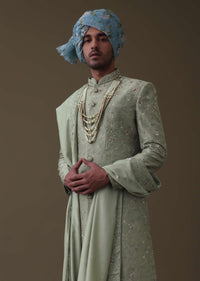 Pista Green Sherwani Set In Raw Silk With Cut Dana And Thread Embroidery