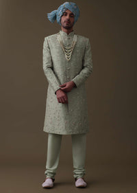 Pista Green Sherwani Set In Raw Silk With Cut Dana And Thread Embroidery